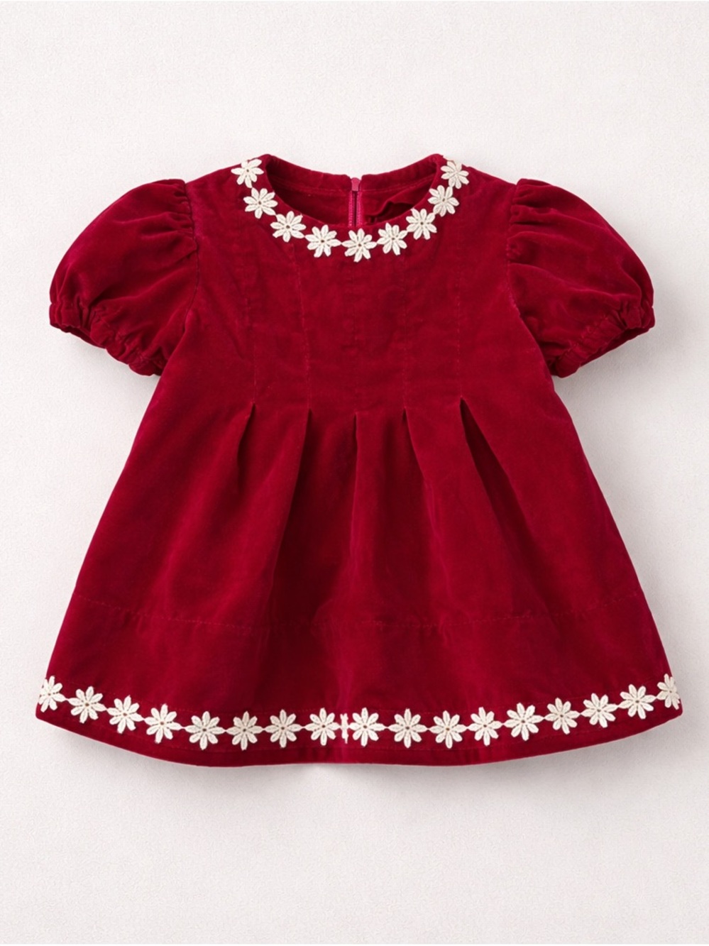 Vintage Red Velvet Girls' Formal Dress with White Daisy Trim